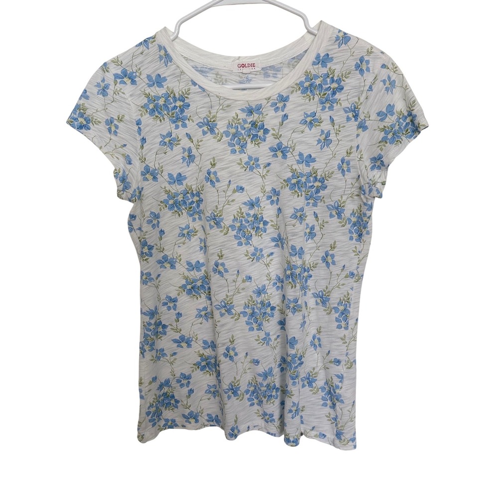 Goldie Lewinter Blue Floral Pima Cotton Slub Knit T-Shirt Small White Tee‎ Peru